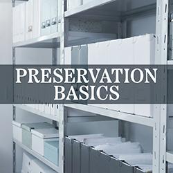 Filing shelves filled with archival document containers viewed at an angle