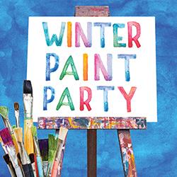 A painter's easel with "winter paint party" painted in colors and a group of paintbrushes in front of a blue dropcloth