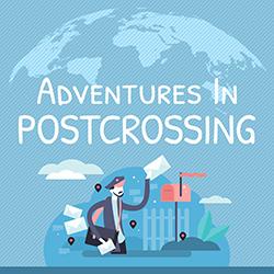 Illustration of a letter carrier delivering a postcard in shades of blue with the arc of the globe above.