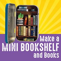 A miniature bookshelf inside a mint tin over purple with a gold starburst behind
