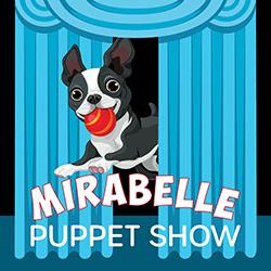 Illustration of a Boston Terrier with a red ball jumping through a blue curtain