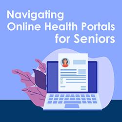 Illustration of a health care portal on a laptop screen in blues and purples.