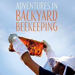 Head and shoulders image of a beekeeper in protective gear holding a honeycomb up to the light in front of blue sky.