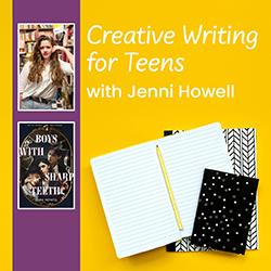 photo of Jenni Howell and cover of Boys with Sharp Teeth; open journal and pencil on top of a closed journal