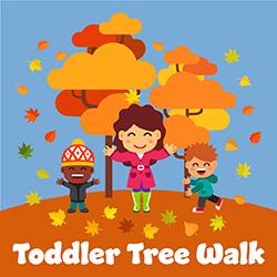 an illustration of kids and an adult playing under autumn trees