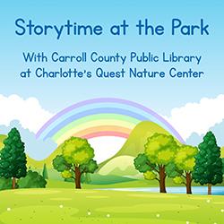 Illustration of trees and grass in a park with a blue sky and rainbow above.