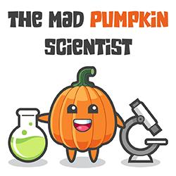 a cartoon pumpkin with a beaker and microscope