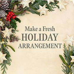 Neutral beige paper framed with seasonal greens, pinecones, red berries and stars.