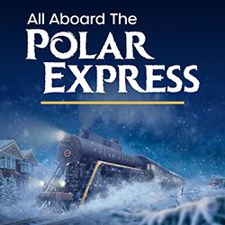 Illustration of the Polar Express train at night in the snow with headlight glowing.