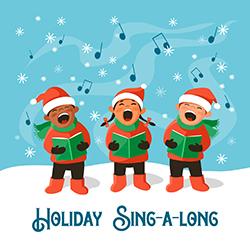 Illustration of 3 people wearing Santa hats and holding notes singing in the snow.