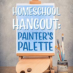 An artist's canvas on an easel with a painter's palette underneath and a container of paintbrushes to the right.