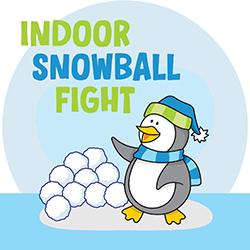 A happy little penguin wearing a green and blue striped hat and a blue striped scarf next to a stack of snowballs.