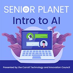 Illustration in blues and purples of a laptop screen with a human and a chatbot having a conversation.