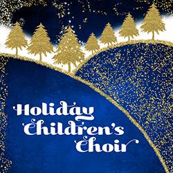 Illustration of gold sparkle pine trees and snow over a blue foreground and sky.