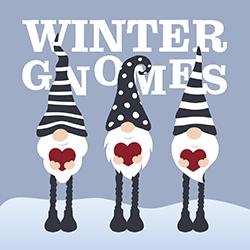 Illustration of three gnomes holding paper hearts and standing in the snow.