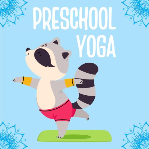 a cartoon raccoon doing yoga