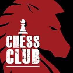 A red chess knight on a black background.