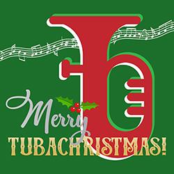 Illustration of a red tuba on a green background with white musical notes.