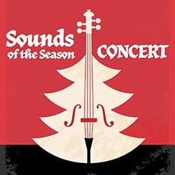 Illustration of a cello in the shape of a pine tree on a red background with black in the bottom area.