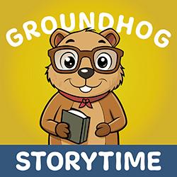 A happy cartoon groundhog wearing glasses and holding a storybook.