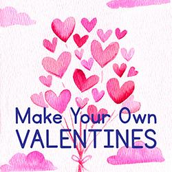 Watercolor illustration of pink heart-shaped balloons and pink clouds.