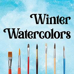 a set of paintbrushes on a blue watercolor background