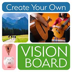 Blocks on a vision board showing travel, saving money, and learning to play guitar resolutions.