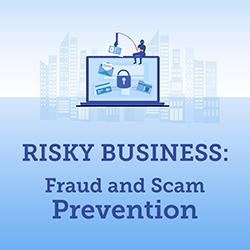 Illustration of a phisher sitting on top of an open laptop dangling an ID card in shades of blue.