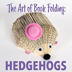 A book with pages folded and eyes, feet, and a pink hat added to resemble a Hedgehog.