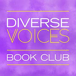 Diverse Voices Book Club in white and yellow on a purple background.