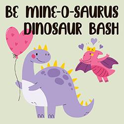 Two cartoon dinosaurs with a heart-themed design, one holding a balloon, and celebratory text above.