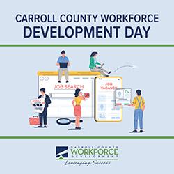 Illustration of little humans job networking in front of an oversize laptop and cellphone. Background is light blue, people are dressed in colors of blue, green, orange, and peach.