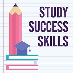 Illustration of a pencil, books, and graduation cap with the text "STUDY SUCCESS SKILLS" on a lined paper background.