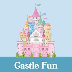 A colorful castle with multiple towers and flags, set against a light blue background.