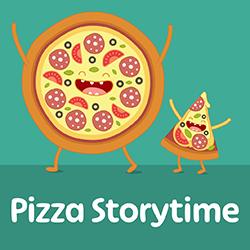 a cartoon of a whole pizza and a slice of pizza smiling and walking