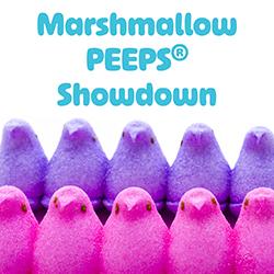 Two rows of purple and pink marshmallow PEEPS® with the text "Marshmallow PEEPS® Showdown" above.