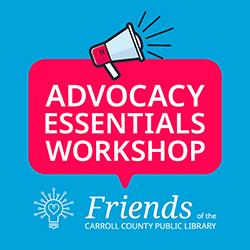 Illustration of a megaphone in light blue and red over white text "advocacy essentials workshop" over a blue background.