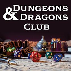 Text "Dungeons & Dragons Club" above dice, a map, and fantasy-themed props.