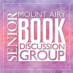 "Mount Airy Senior Book Discussion Group" text on a purple to pink gradient background.
