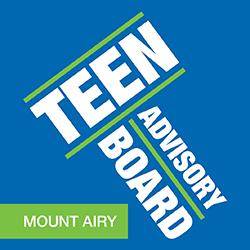 Text "Teen Advisory Board" on a blue background with "Mount Airy" in a green rectangle.