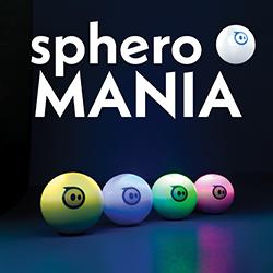 Four glowing spheres in yellow, blue, green, and pink beneath the text "sphero MANIA."