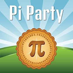 Text "Pi Party" above a pie featuring the pi symbol and digits against a blue sky and green hills.