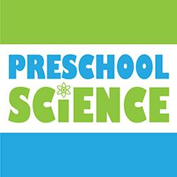 The words "Preschool Science" in blue and green with the dot over the letter i replaced by an atom icon.