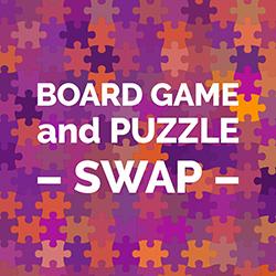 Colorful puzzle piece background with white text: "BOARD GAME and PUZZLE SWAP"