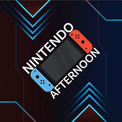 A stylized design of a Nintendo Switch gaming console at a 45-degree angle with the text "NINTENDO AFTERNOON" on a geometric patterned background.