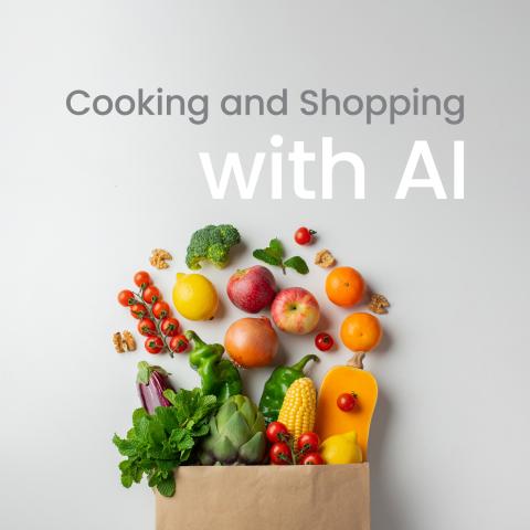 A paper bag with an assortment of colorful fruits and vegetables on a white background, with the text "Cooking and Shopping with AI."