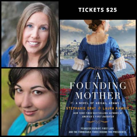 Book cover for "A Founding Mother" on right with headshots of both authors on left.