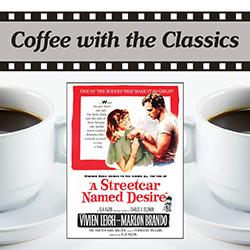 A Streetcar Named Desire movie cover over cups of coffee on a white background