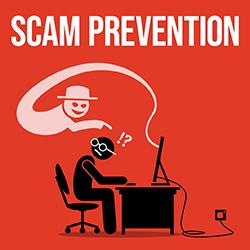 Illustration of scam prevention with a person at a computer and a scammer above them with the text "Scam Prevention" above.