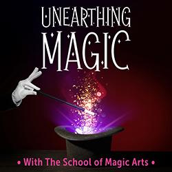A magician's white-gloved hand holding a wand over a top hat with colorful sparkles emerging from it.